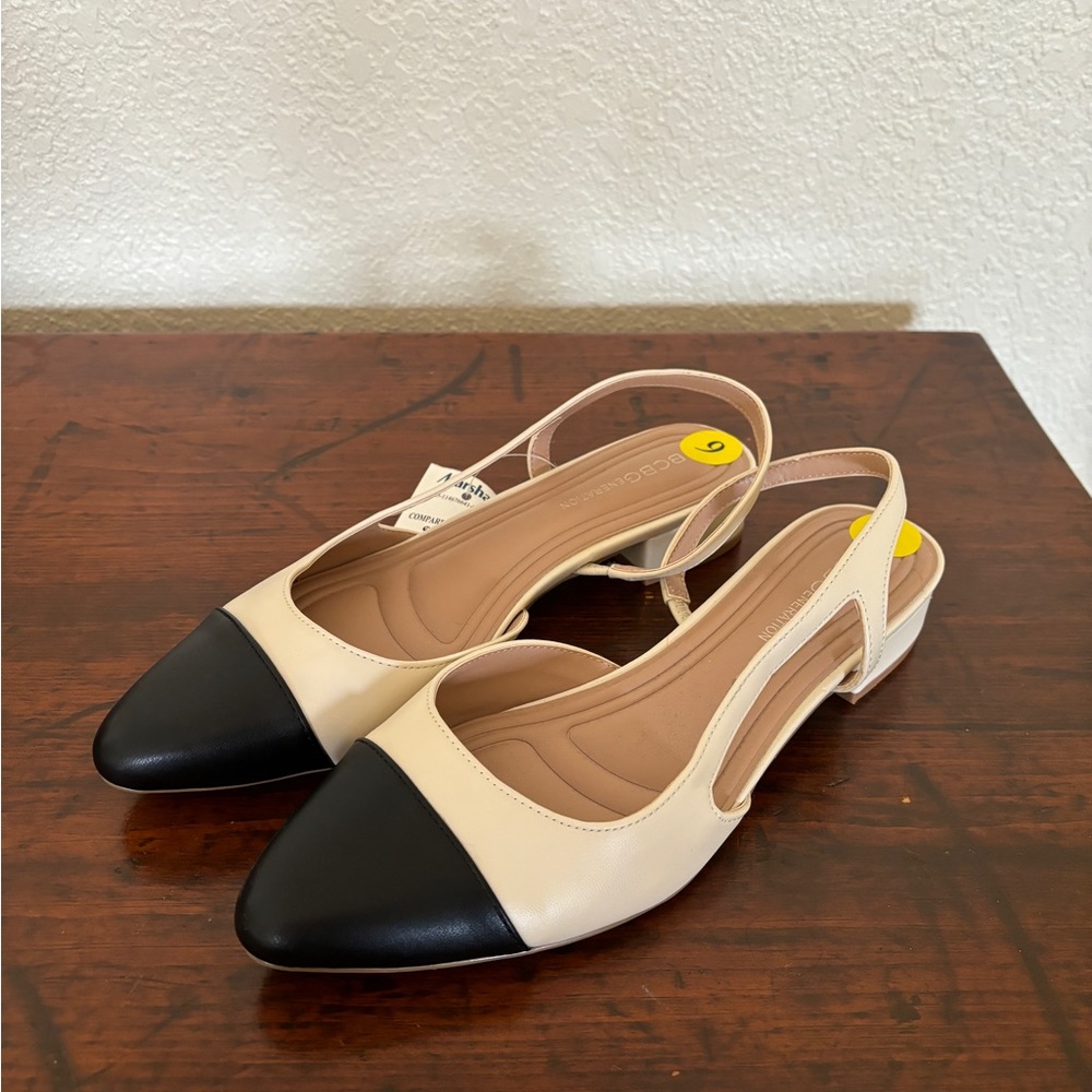 BCBG Elegant Black and Cream Slingback Flats